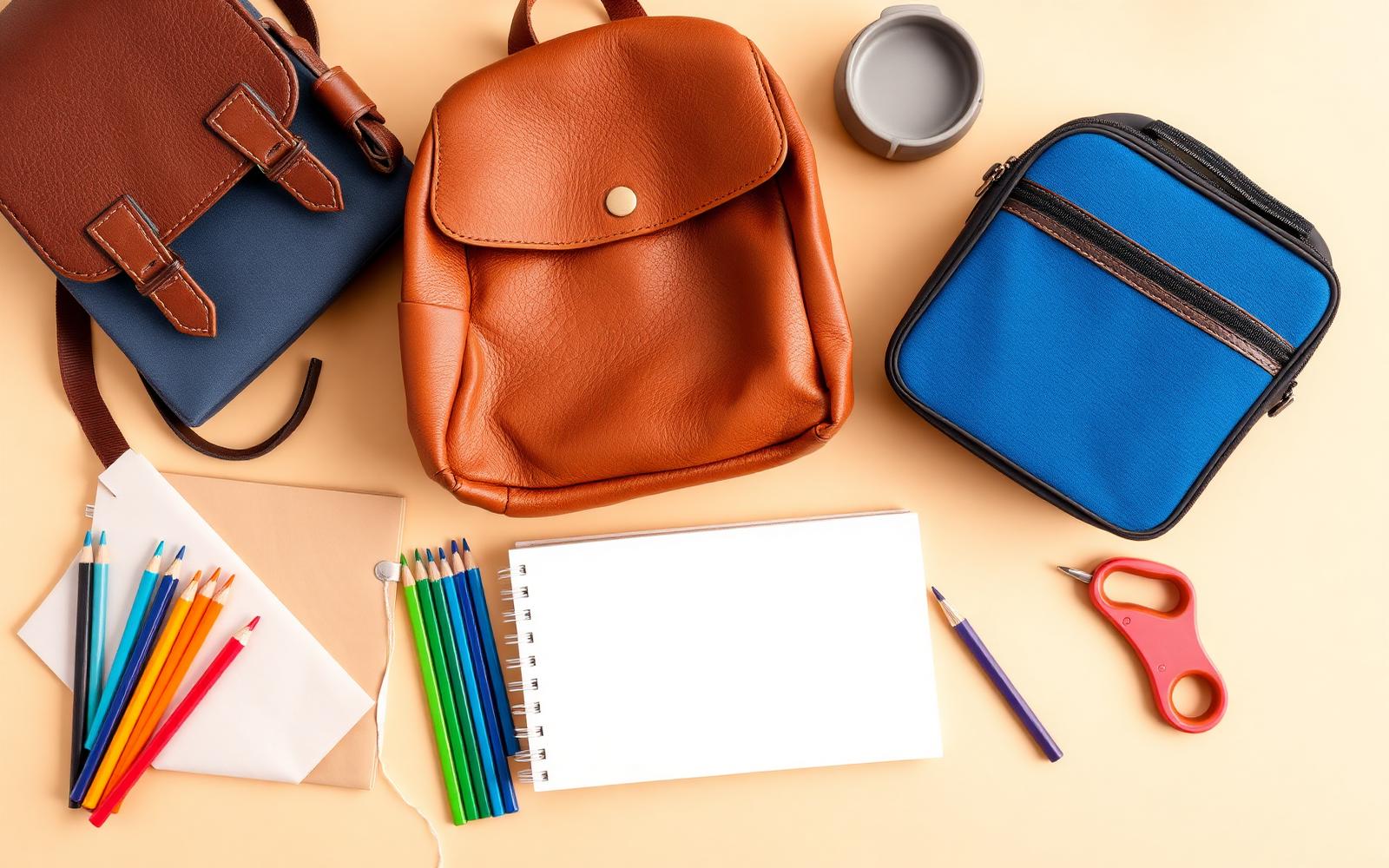 School bags, notebooks, pencils and a lunch box laid out on a cream background